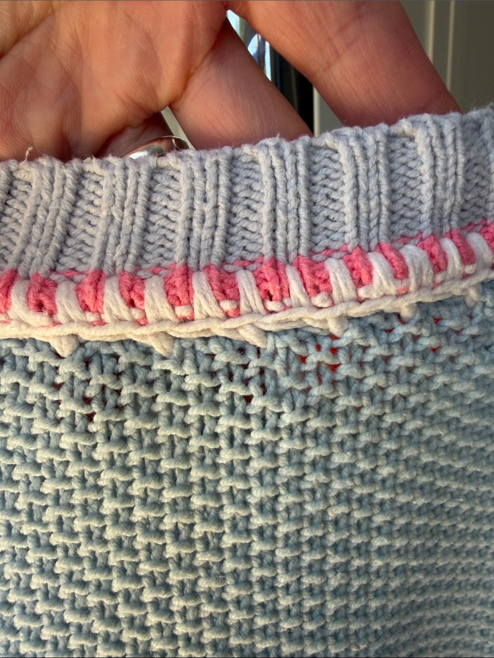 Lisa Todd Light Blue Crewneck Sweater with Pink and Olive Stripes, Size L. - Picture 13 of 15
